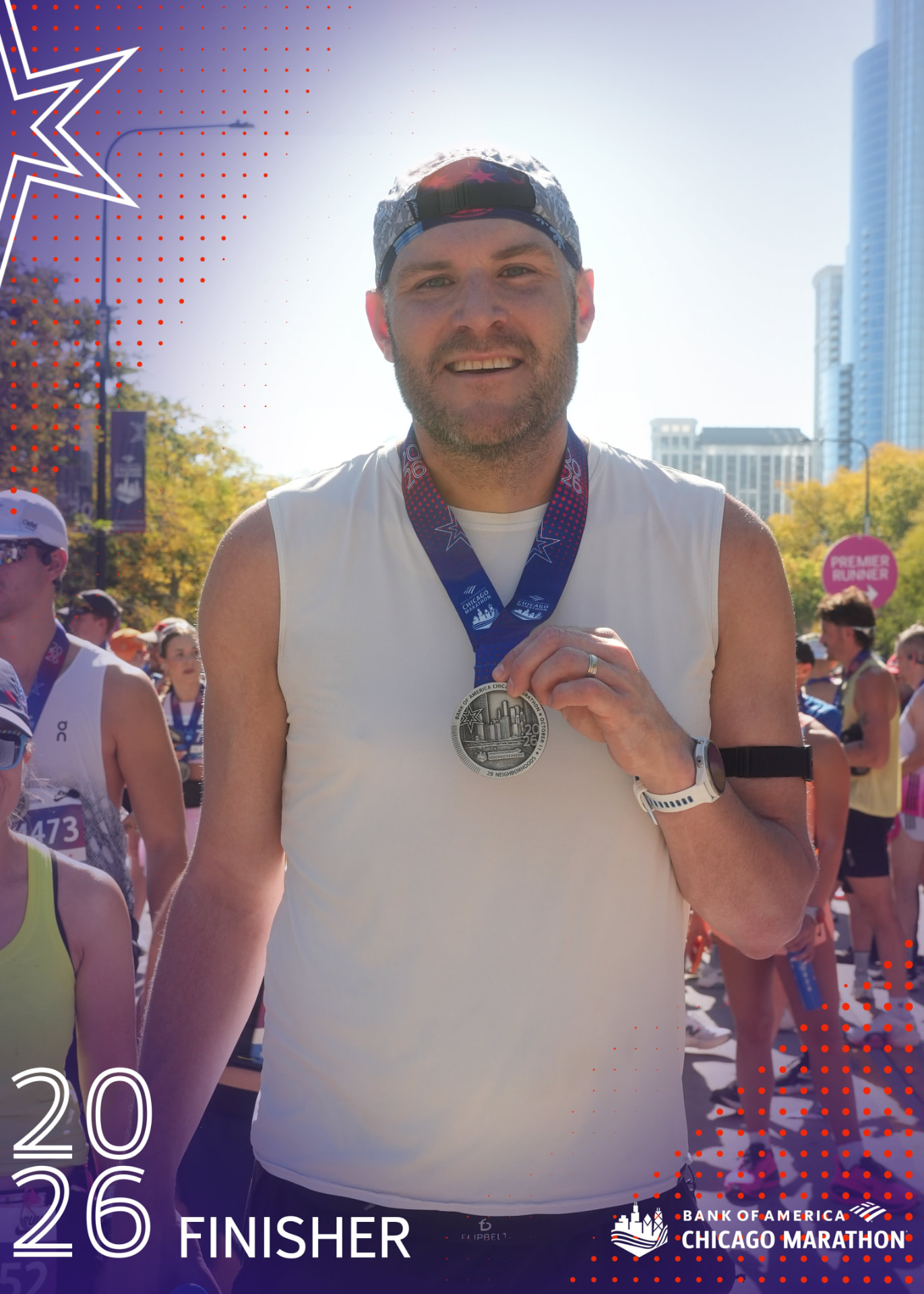 Alex Smith holding his 2026 Chicago Marathon finisher medal in Grant Park