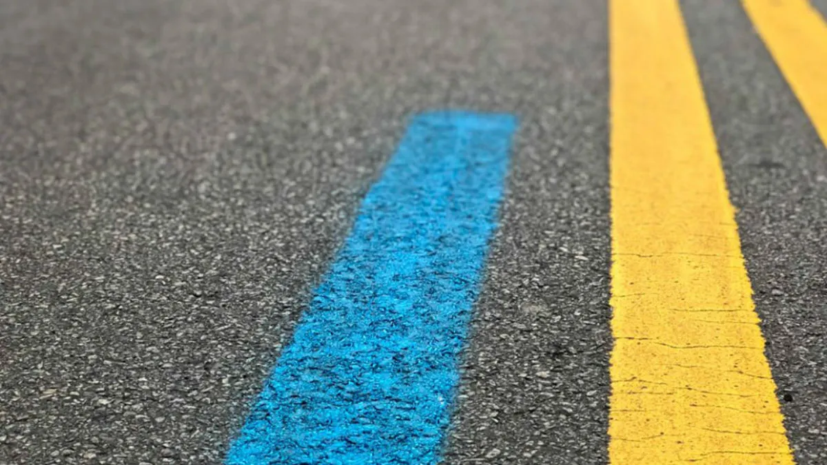 Chicago Marathon blue certification line painted on asphalt next to yellow road lines