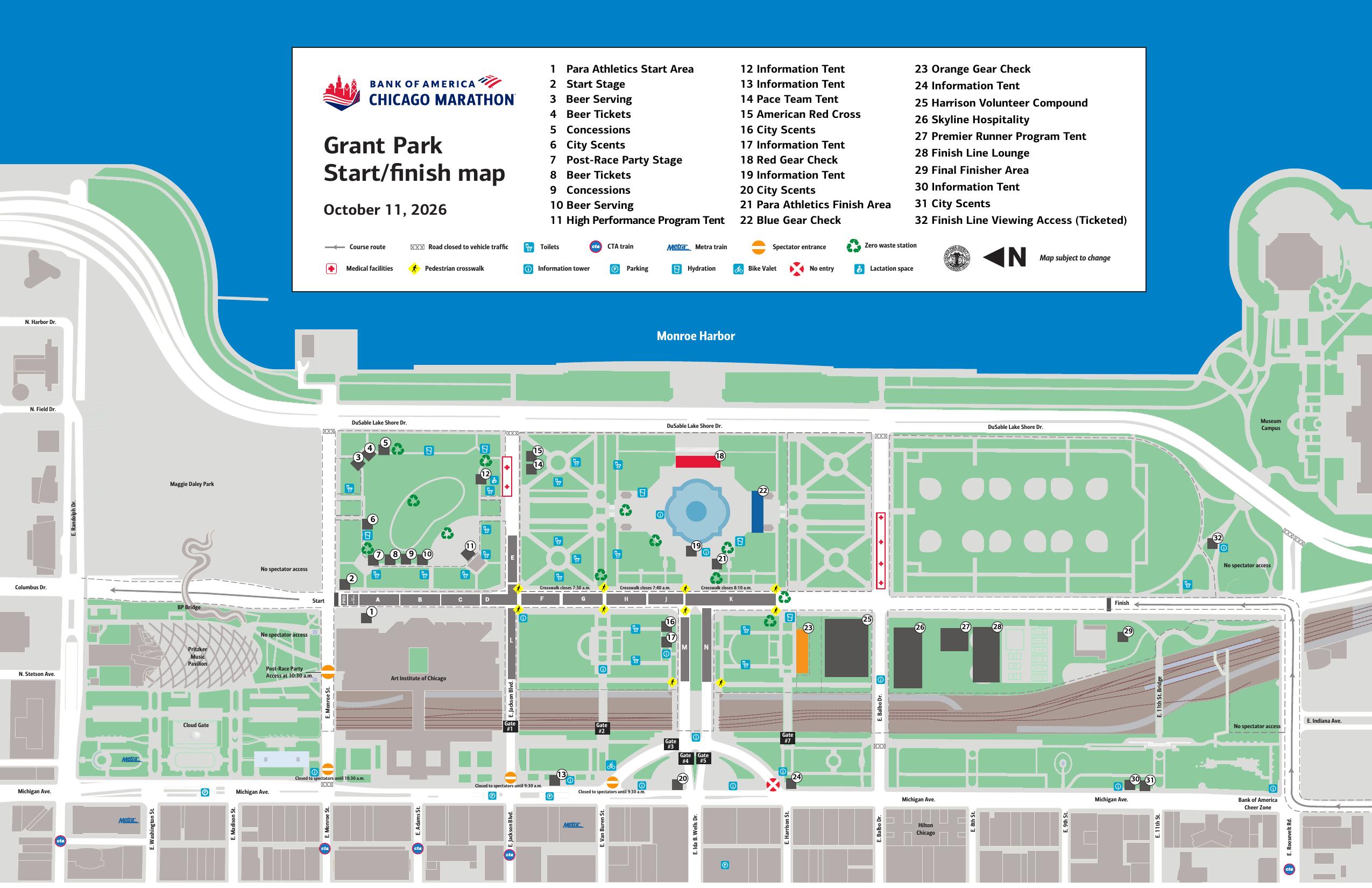 Official 2026 Chicago Marathon Grant Park start and finish map showing corrals, gates, crosswalks, and restroom locations