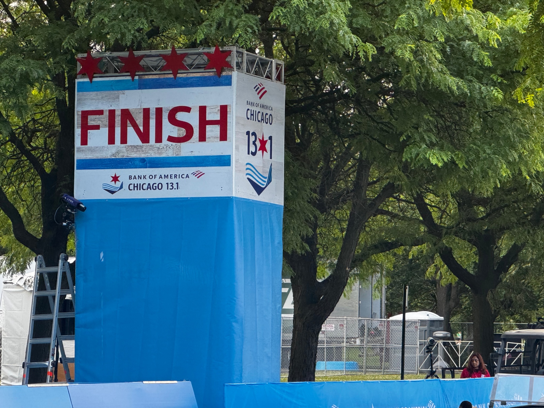 Chicago 13.1 finish line arch close-up showing the finish sign and event branding