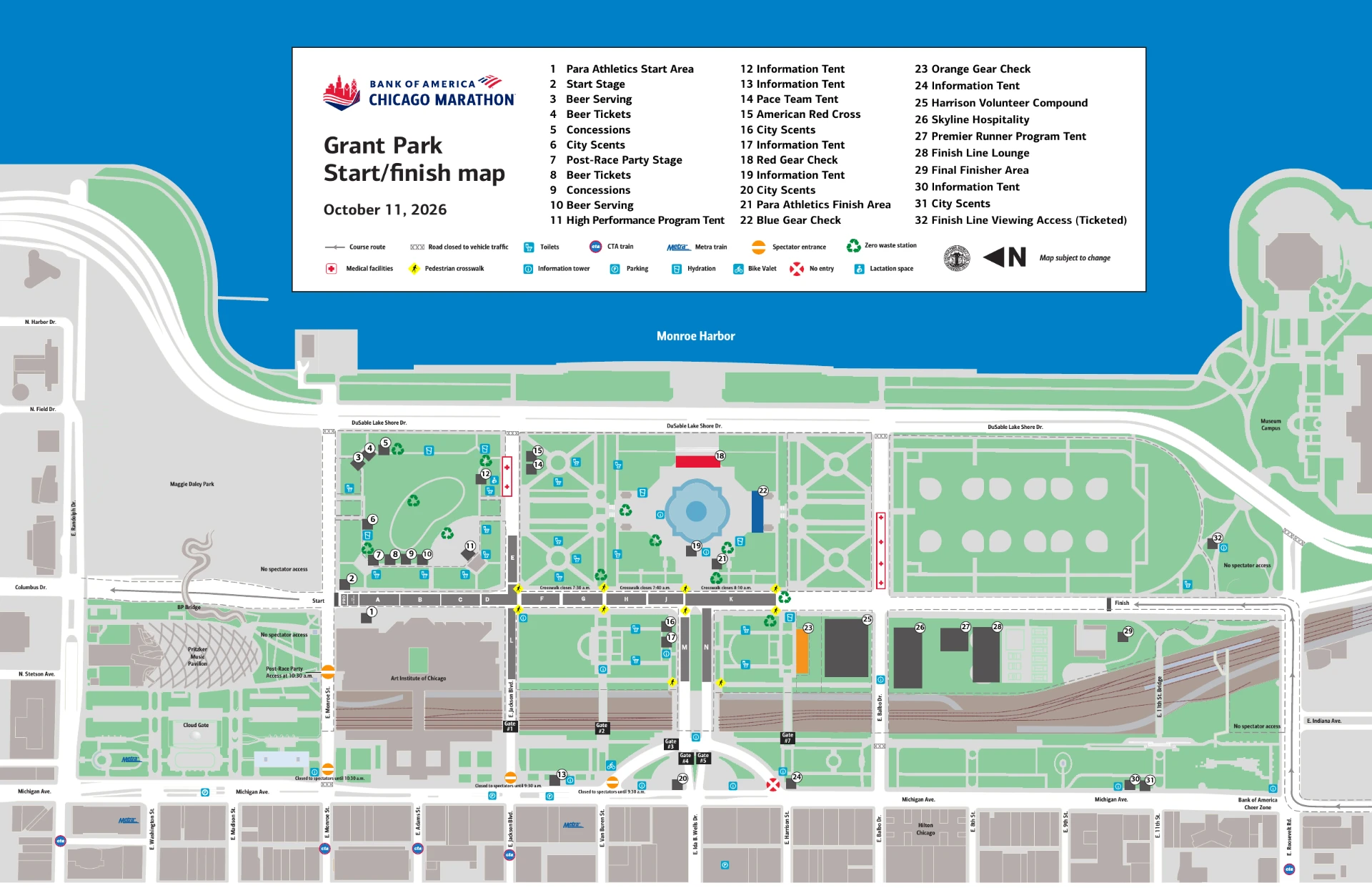 2026 Chicago Marathon Grant Park start and finish area map showing gates, corrals, gear check, restrooms, and spectator access.