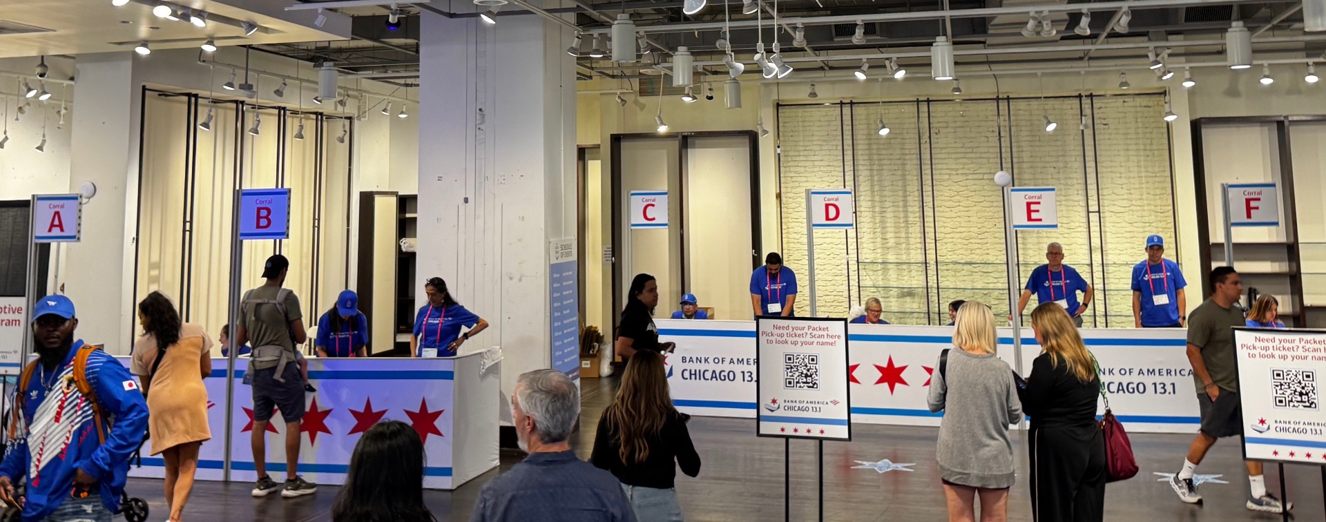 Chicago 13.1 packet pickup interior with corral letter stations A through F at 150 West
