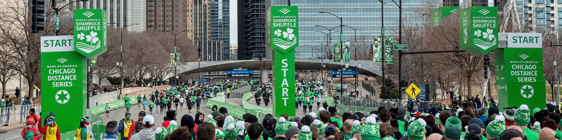 Shamrock Shuffle start line with runners in green heading north through Grant Park
