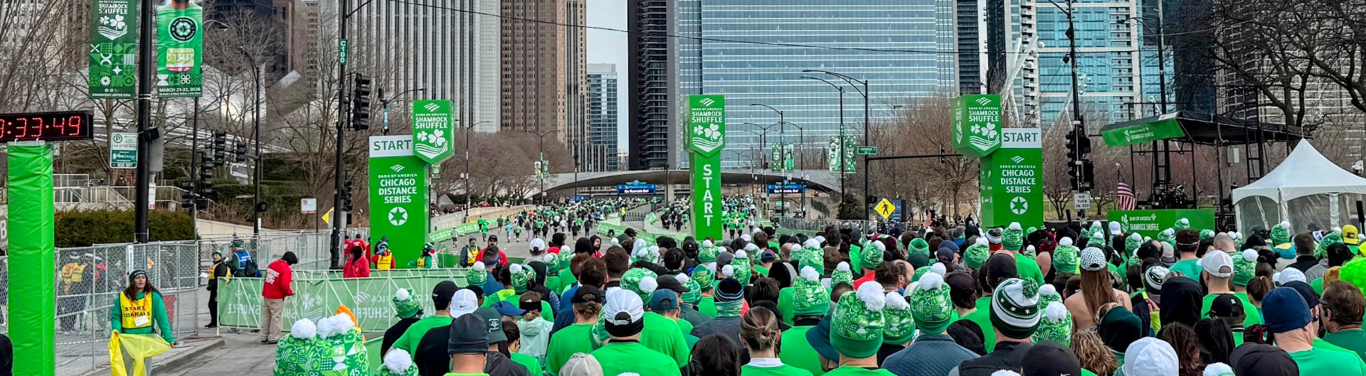 Runners at the start of the Shamrock Shuffle in downtown Chicago