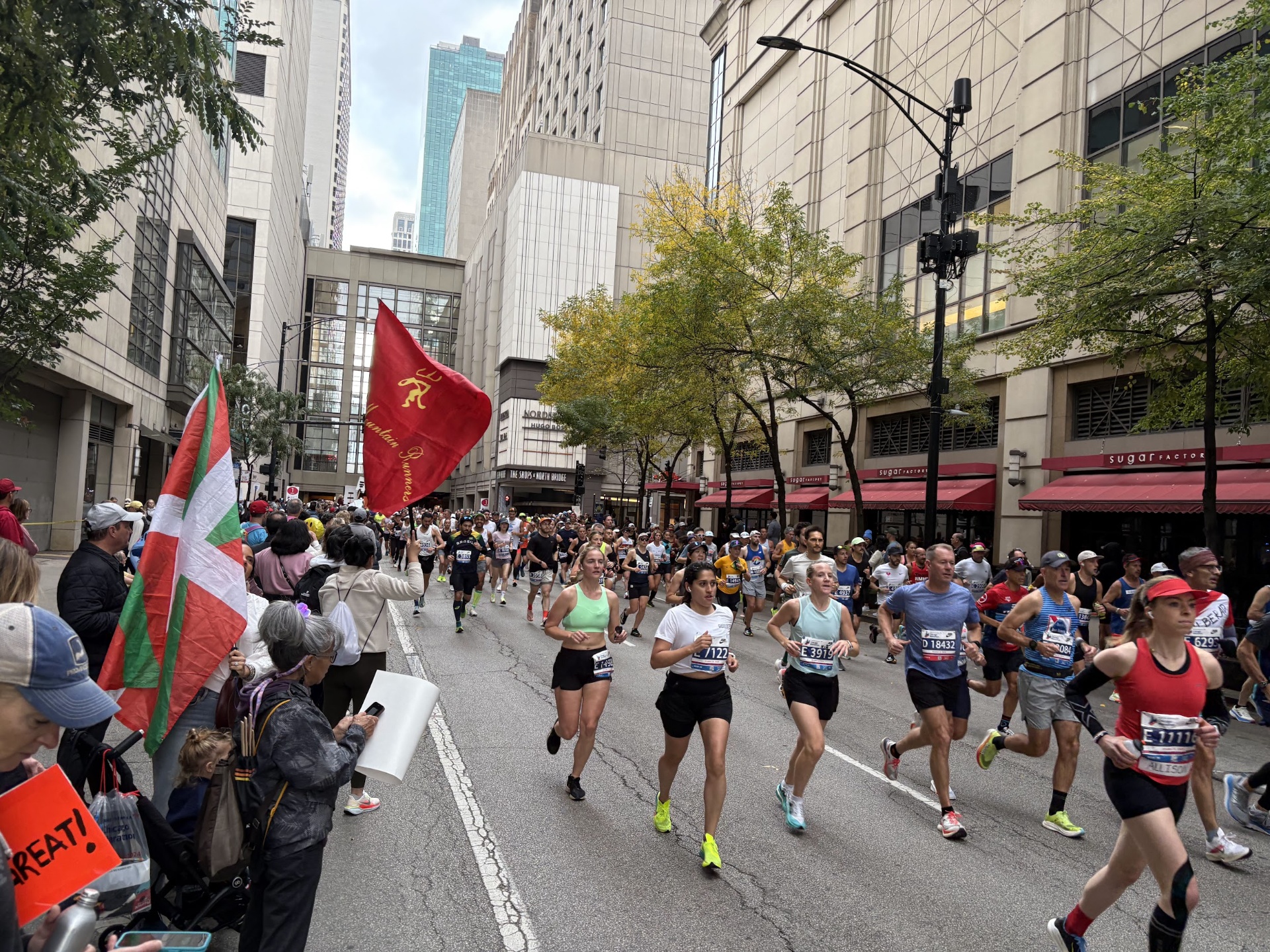 Mid-pack runners flowing down Michigan Avenue past the Sugar Factory with a flag-waving spectator on the sidelines