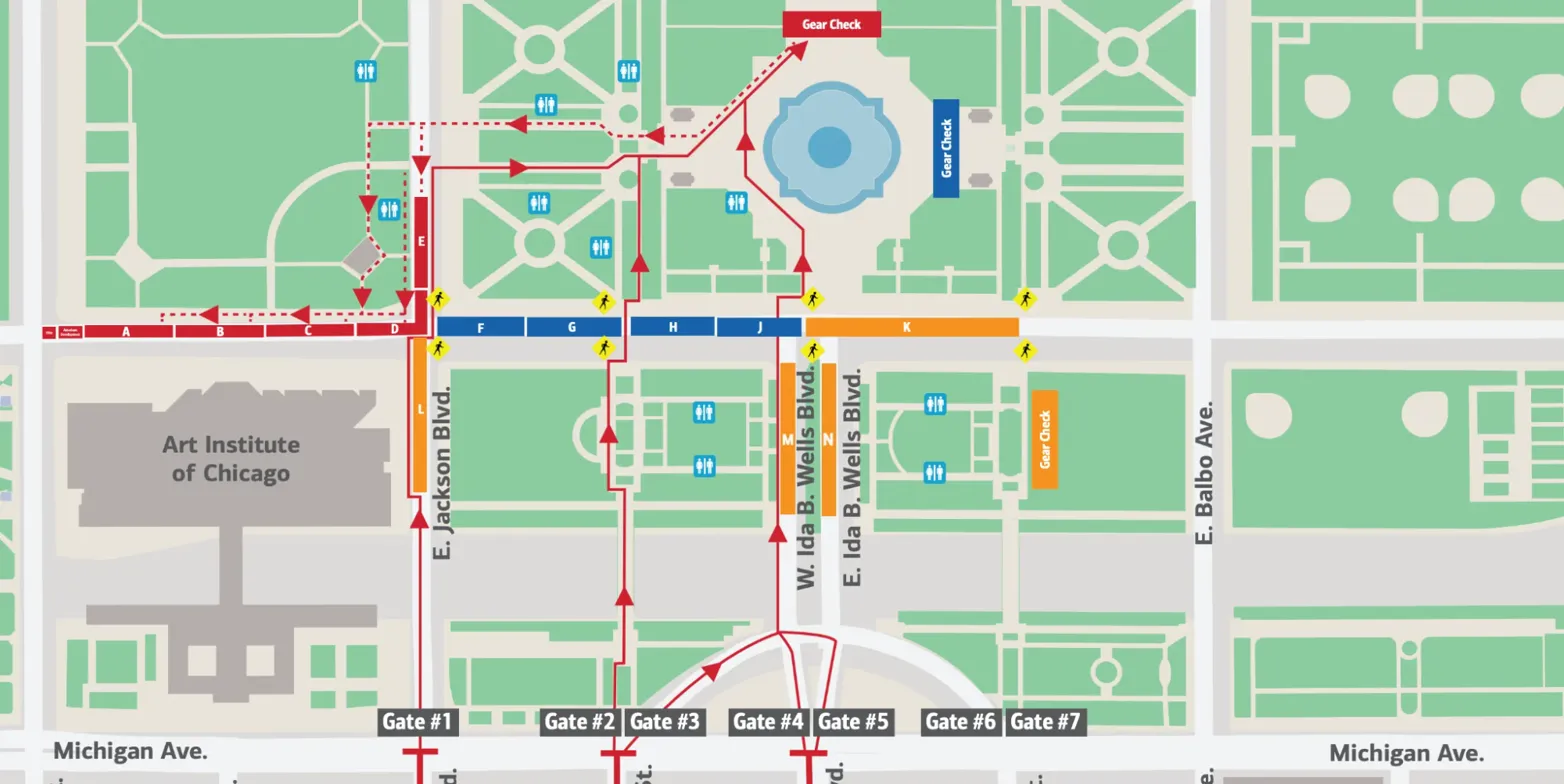 Chicago Marathon Start Area Map showing entrance gates and bathroom locations